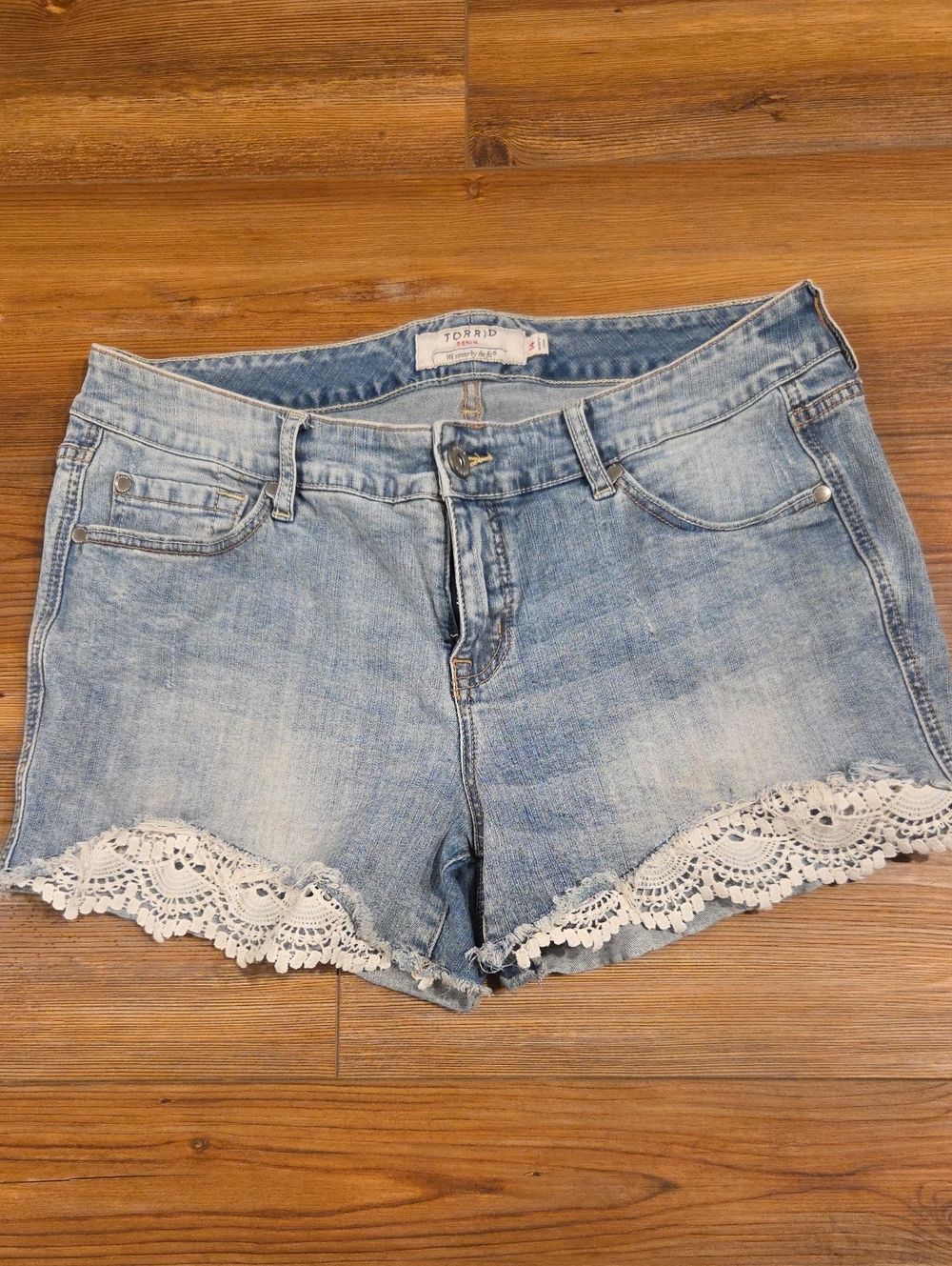 torrid Light Wash Denim Shorts with White Lace Trim